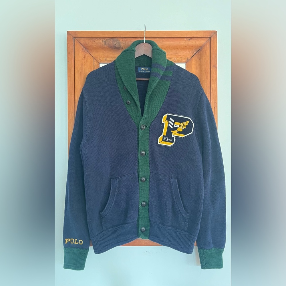 Ralph Lauren Polo Letterman Navy & Green Knit Cardigan